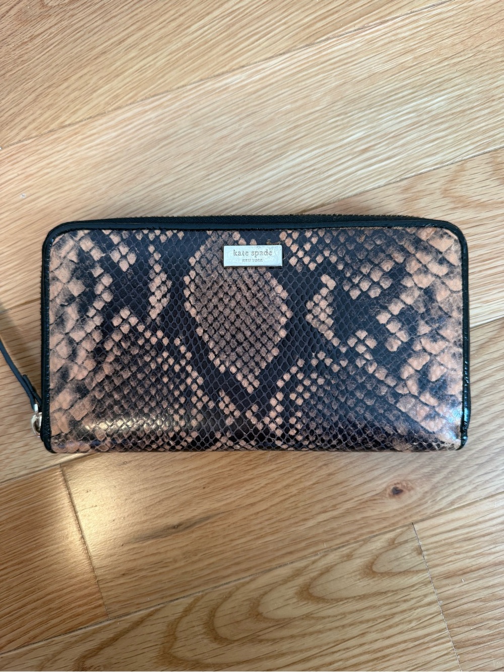 kate spade Metallic Rose Gold and Black Snake-Print Zip Wallet